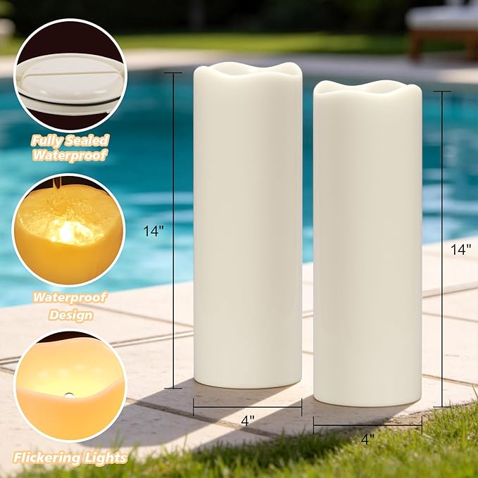 Eldnacele Large Outdoor Solar Flameless Candles Waterproof, 4" x 14", Solar Powered Dusk to Dawn Plastic LED Flickering Pillar Candles for Garden Patio Lanterns Wedding Holiday Decor(2 Pack White)