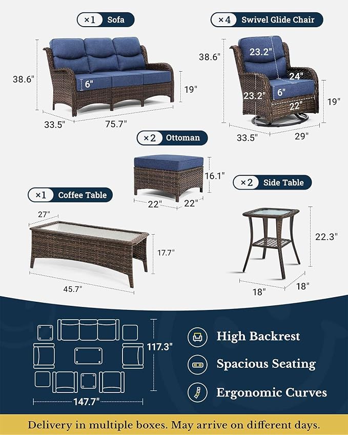 HILLGA Luxury Patio Furniture Set with 6-Inch Thick Cushions, High Back Outdoor Swivel Rocker Chairs and Patio Couch, 10-Piece All Weather Conversation Set for Porch Deck Pool Yard, Blue (V3)