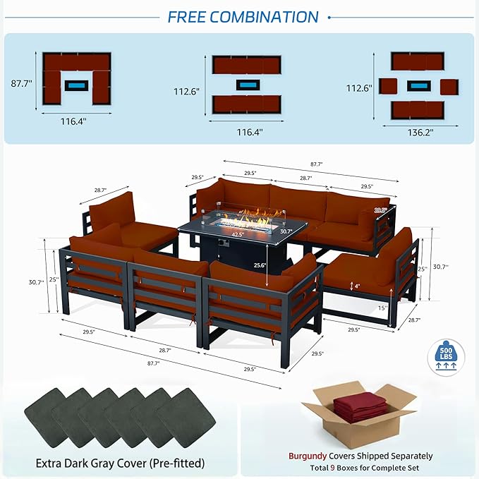 NICESOUL 8 Seat Modern Aluminum Patio Furniture Set with Fire Pit Table, 500 lbs Heavy Duty Outdoor Sectional Sofa, 29" Deep Wide Oversized Seating L Shaped Conversation Couch for Deck Lawn, Burgundy