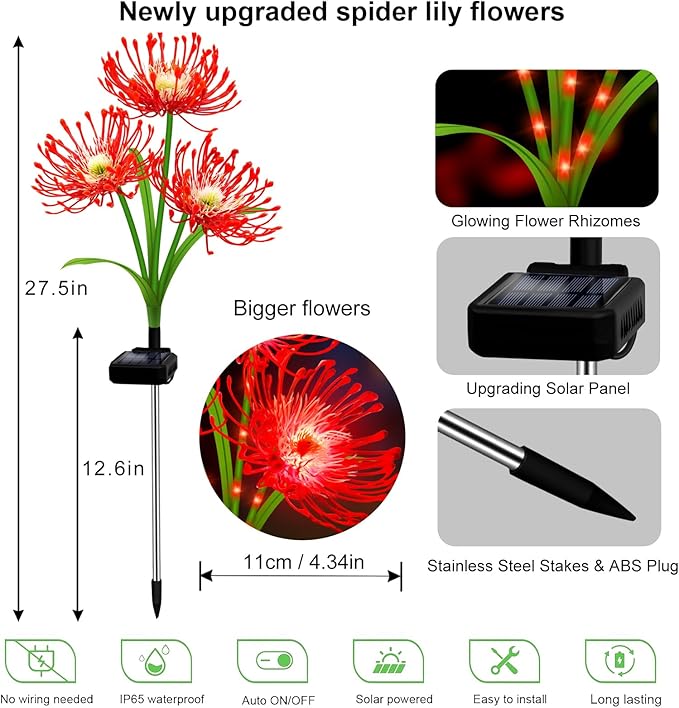 Solar Garden Flower Lights Outdoor, 8 Pack Red Spider Lily with Glowing Stems, Waterproof LED Yard Lawn Pathway Decor, Elegant Patio Garden Decoration, for Mom, Grandma, Women