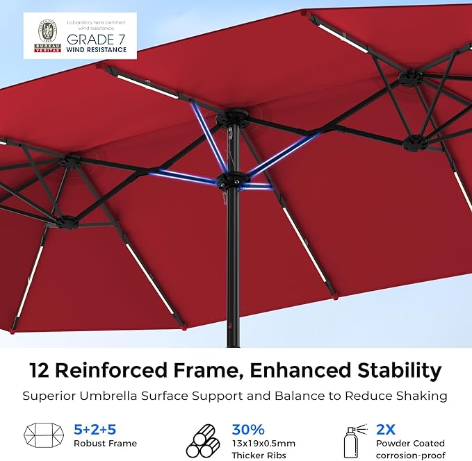 HOMSHADE 15FT Double Sided Umbrella with Light Bar and Base, Rectangle Oversized Patio Umbrellas, Extra Large Outdoor Table Umbrella for Pool, Patio, Garden (Burgundy Red)