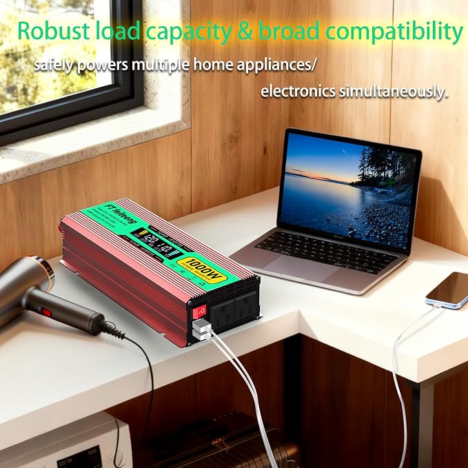 1000 Watt Power Inverter, 12V DC to 120V AC for Vehicles, Home Use Outdoor Camping Car Power Inverter with 2 AC Outlets, 2 USB Ports, Cooling Fan, Cables, LED Screen