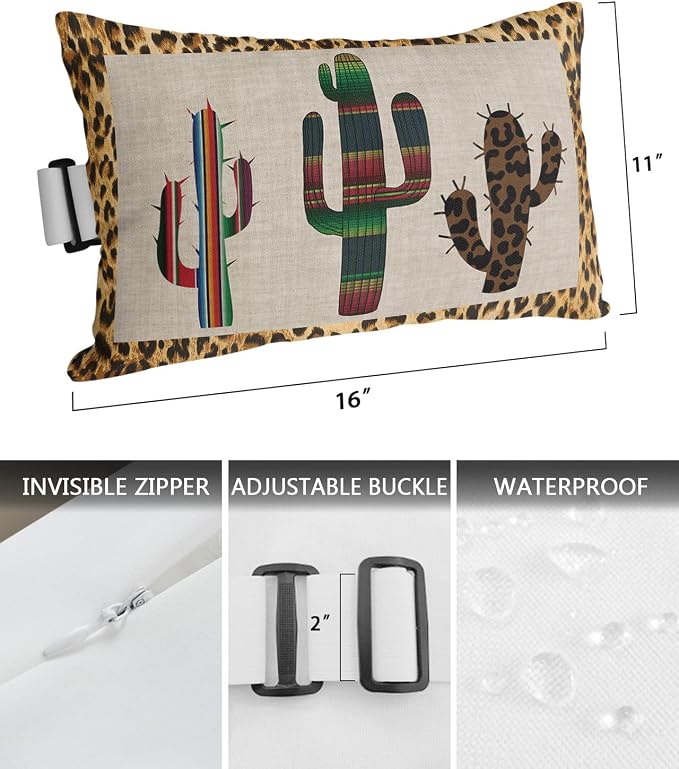 Outdoor Pillows Covers with Inserts Mexico Cactus Leopard Print Background Waterproof Recliner Pillow with Adjustable Strap Throw Pillows for Patio Furniture Pool Lounge Chair, 11x16 inch, 1PCS