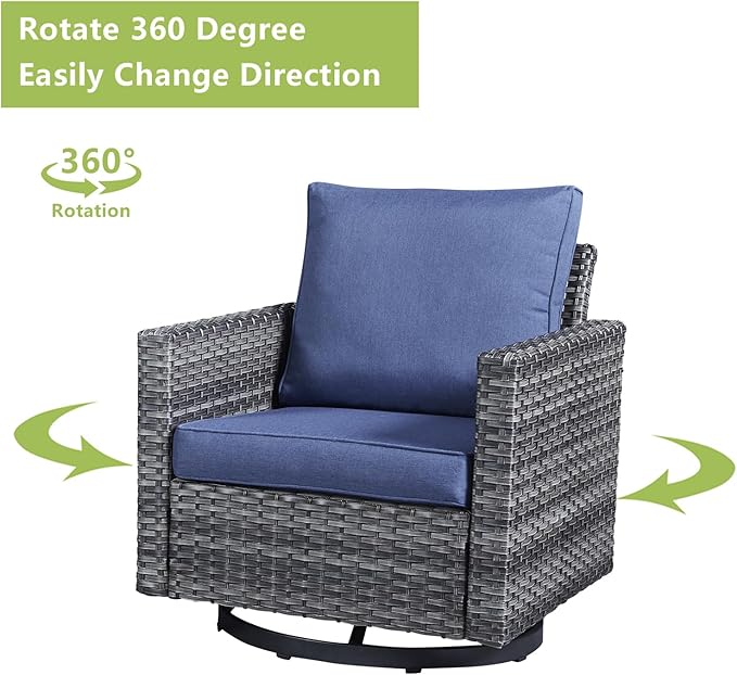 Outdoor Patio Swivel Rocker Chairs - Single Wicker Patio Swivel Rocking Chair with Waterproof Wicker,Comfortable Cushions and Sturdy Metal Frame for Outside Porch Deck Backyard(Mixed Grey/Blue/1PC)
