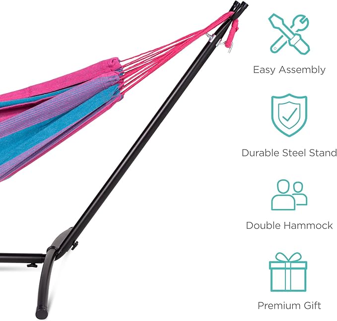2-Person Brazilian-Style Cotton Double Hammock with Space-Saving Steel Stand Set and Portable Carrying Bag, 450-Pound Capacity (Aster)