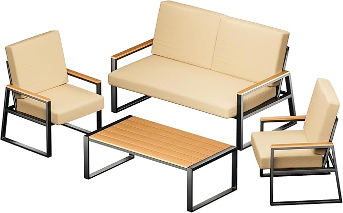 Gizoon 4-Piece Outdoor Patio Furniture Set with Coffee Table and Removable Cushions, Metal Patio Conversation Set for Family, Yard, Poolside (Gray)