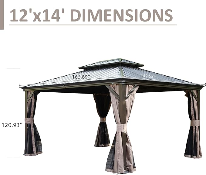 Domi 12' X 14' Hardtop Gazebo, Upgraded Metal Gazebo with Drainage System, Dual-Layer Galvanized Steel Roof, Curtain and Netting, Outdoor Shelter Canopy for Patio, Garden, and Backyard, Brown