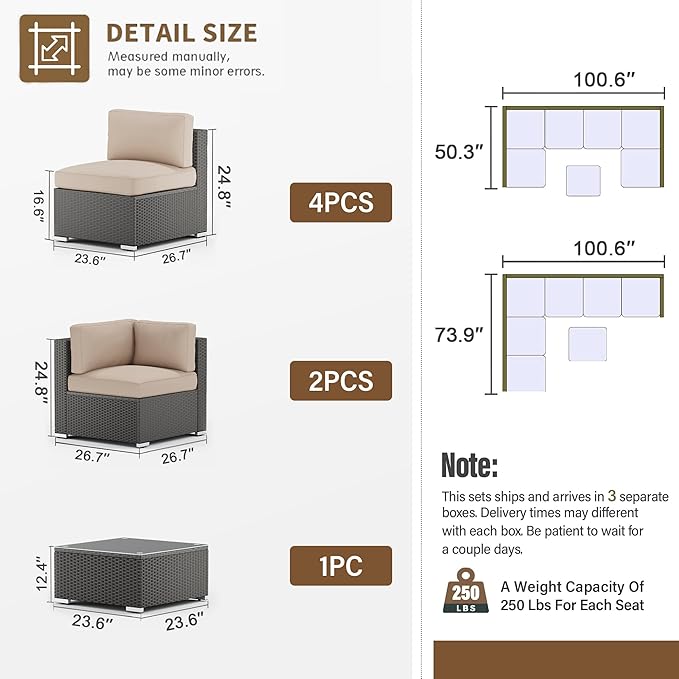 SUNCROWN 7-Piece Outdoor Patio Furniture Sofa Set All-Weather Wicker Sectional Conversation Set with Modern Glass Coffee Table and Cushions, Backyard, Garden, Light Brown