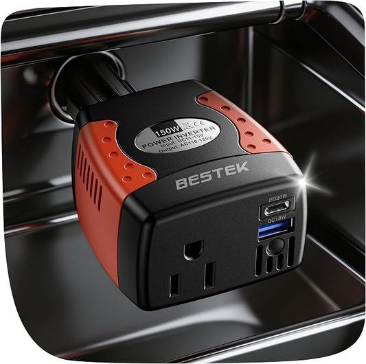 BESTEK 150W Power Inverter 12V to 110V Voltage Converter Car Charger Power Adapter with PD30W QC18W Dual USB Charging Ports