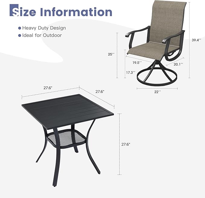 VICLLAX 3 Pieces Outdoor Dining Set, Patio Furniture Set of 2 Patio Swivel Dining Chairs and Small Dining Table with Storage Shelf, Mixed Brown Chairs & Black Tabletop