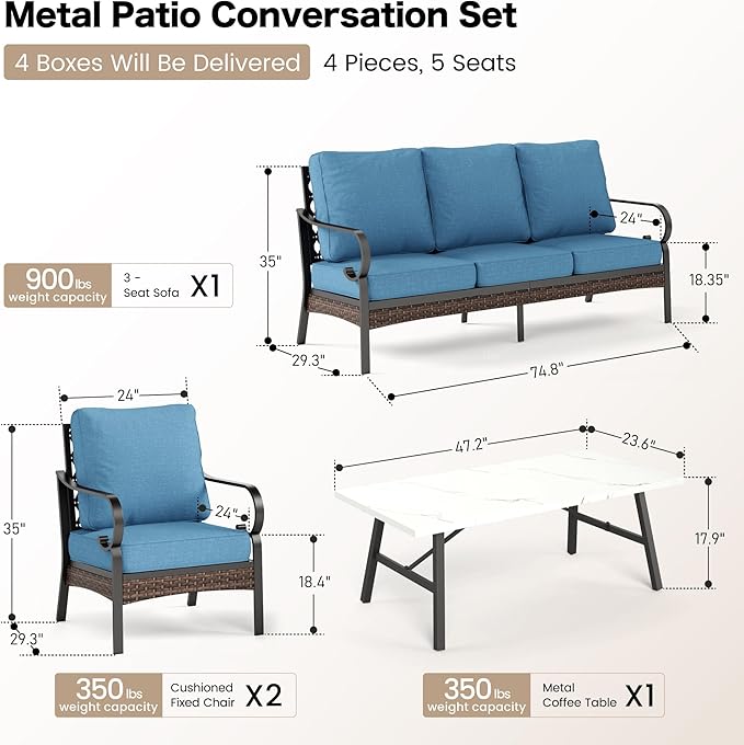 4 Piece Metal Outdoor Patio Furniture Set, Patio Conversation Sets 1 3-Seater Sofa, 2 Chairs with 5.75" Extra Thick Cushion and Coffee Table, Black Frame Backyard Furniture, Denim Blue