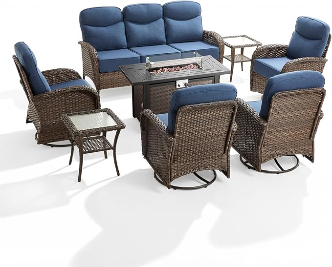 Outdoor Swivel Rocking Chair Patio Set (8pcs) High-Back - Thick Cushion Swivel Rocking Chair Patio with Fire Table Set, All-Weather Wicker Patio Furniture Set, Suitable for Balcony Patios, Brown/Blue