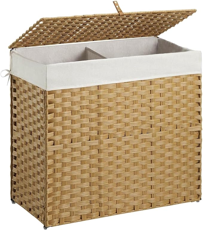 Outdoor Wicker Laundry Hamper with Lid,130L Foldable Laundry Basket with Removable,Machine Washable 2-Section Liner and Handles,Handwoven Yellow Rattan Hamper for Organization and Storage