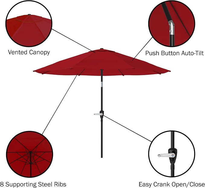 Alaterre Furniture Okemo 8 Piece Outdoor Dining Set with Umbrella - Solid Acacia Wood Outdoor Furniture Set with 63” Patio Table, 6 Patio Chairs, and 10ft Red Umbrella