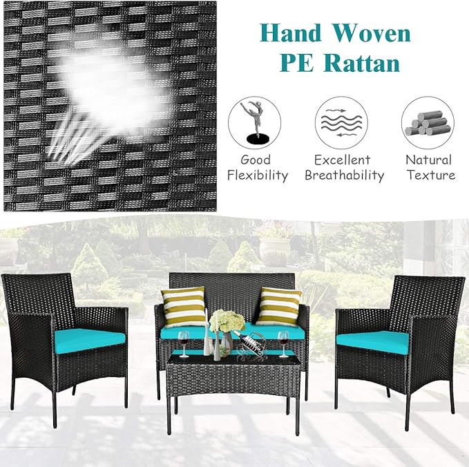 DORTALA 4 Pieces Patio Furniture Set, Rattan Conversation Set with Coffee Table & Cushions, Outdoor Wicker Sofa Set for Poolside, Backyard, Turquoise