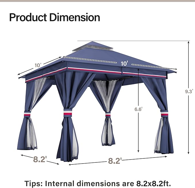 LAUSAINT HOME 10'x10' Outdoor Gazebo, Metal Frame Heavy Duty Patio Canopy Tent Shelter with Double Roofs, Mosquito Nettings and Privacy Screens for Backyard, Garden, Lawn, Classic Blue