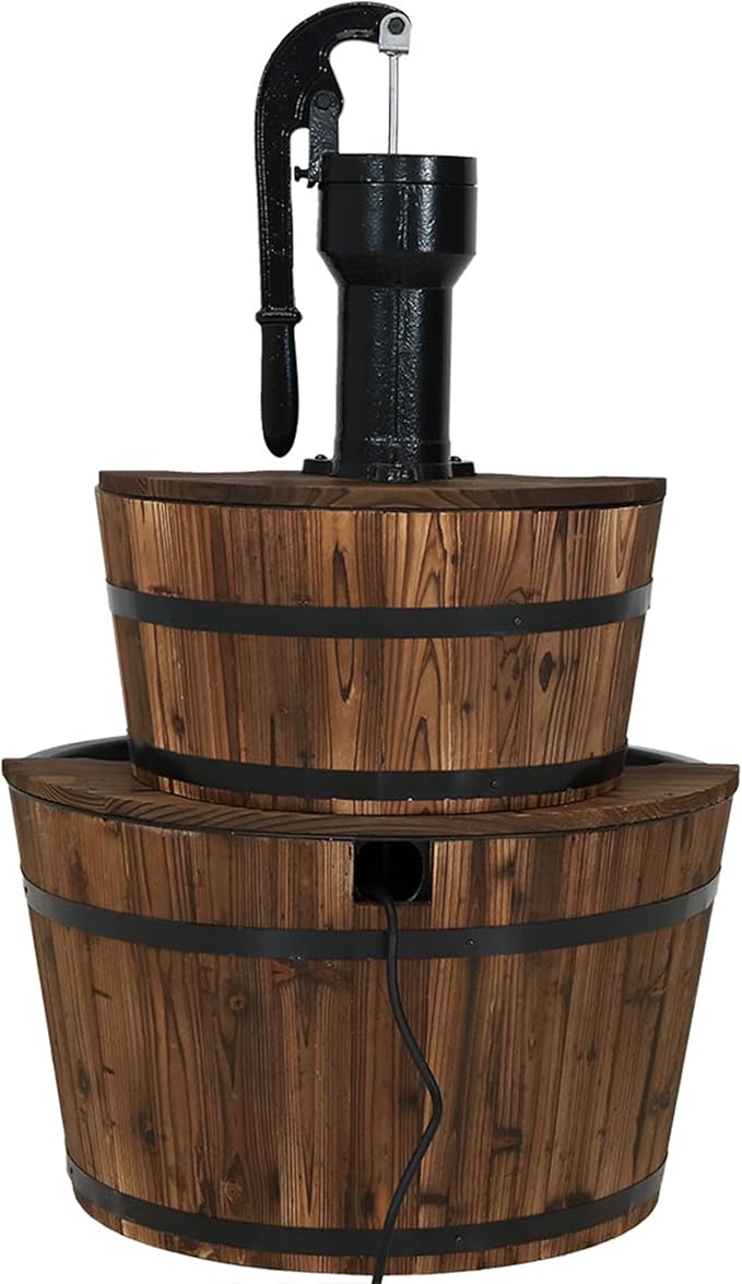 Sunnydaze 2-Tier Wood Barrel Water Fountain - 34-Inch Vintage Water Pump Fountain with Submersible Pump - for Garden, Patio, Decks