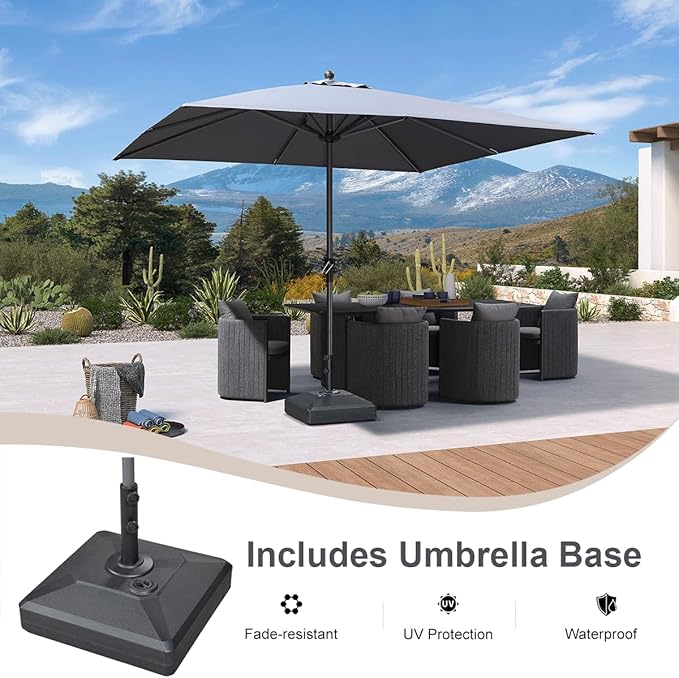PURPLE LEAF 10' x 10' Square Patio Market Umbrella with Base Outdoor Table Umbrellas Aluminum Frame Sun Shade with 8 Sturdy Ribs for Garden Deck Lawn Pool Light Gary