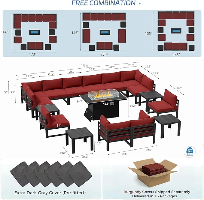NICESOUL 17 Pcs Large Modern Aluminum Patio Furniture Set with Fire Pit Table Propane/Gas, L Shaped Modular Sectional Sofa with Side Table, All Weather Comfortable Outdoor Couch for Exterior, Burgundy
