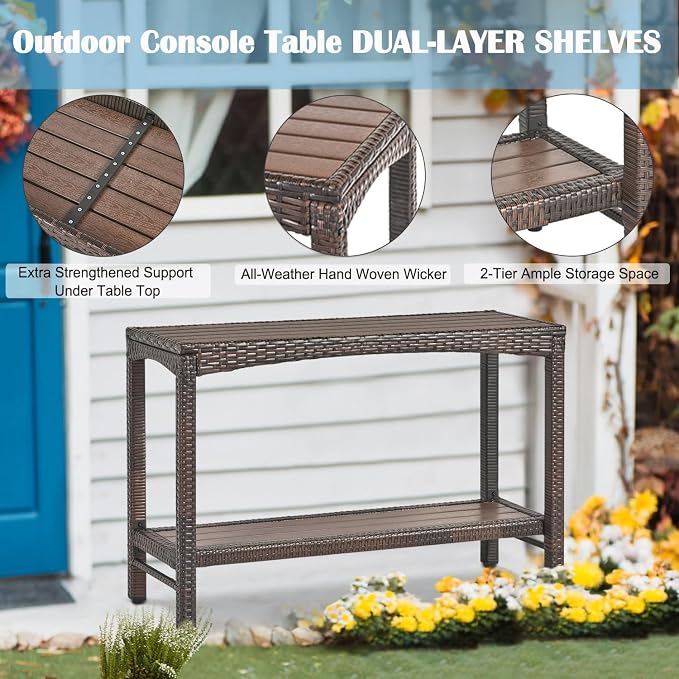 Outdoor Console Table Patio Buffet Bar Storage Organizer 55" Long Wicker Sofa Serving Sideboard Table 2-Shelf Outdoor Narrow Bar Table Tall Rectangle with Adjustable Feet for Entryway Brown