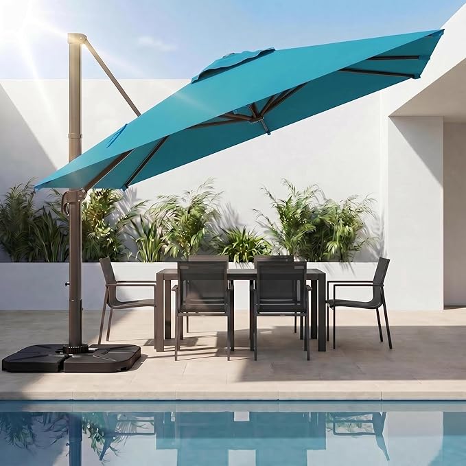 Kingdura 10x10 FT Cantilever Patio Umbrella with Base Included, Large Square Aluminum Offset Outdoor Pool Umbrella, 360° Rotation & 4-Position Tilt, UV Protection for Deck Backyard (Lake blue)