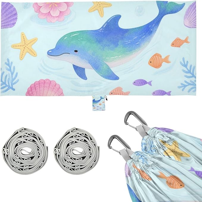 Watercolor Kid Style Dolphin Animal Fish 330lb Capacity Outdoor Hammocks with Tree Straps Hanging Hammock for Patio Backyard Lounge Base hamaca para adultos