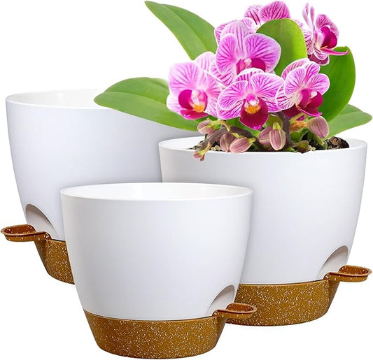 WSMKSZ 12/10/9 inch Large Self Watering Pots, Plant Pots with Mesh Drainage Holes for Indoor Outdoor Garden Plants, Flower Pots with Deep Reservoir, 3 Pack Plastic Planters, White with Brown