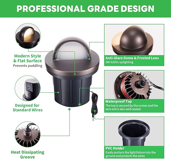 3000K Landscape Well Lights, 6W 420LM LED Low Voltage 12V Ground Lights, IP67 Waterproof Aluminum Oil-Rubbed Bronze, Anti-Glare Outdoor Lighting for Pathway, Tree, Walkway