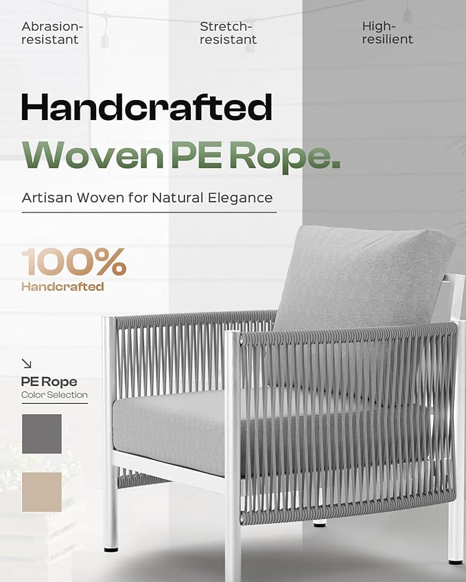 Aluminum Outdoor Patio Couch Loveseat, HDPE Rope Patio Sofa with Washable Thick Cushion, All-Weather Patio Furniture for Balcony, Yard, Silver Frame, Silver