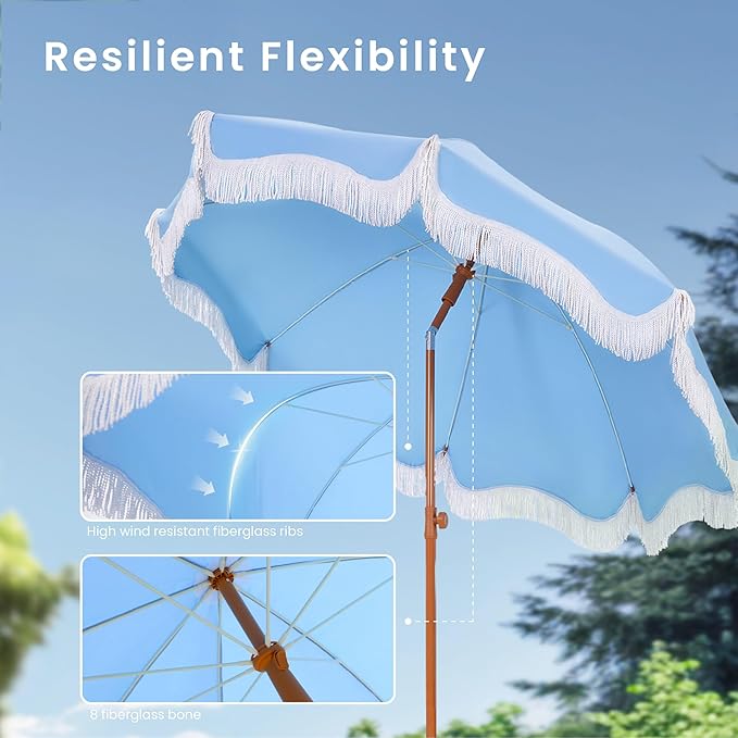 PHI VILLA 7ft Fringe Beach Umbrella with Sand Anchor, Outdoor Patio Portable Beach Umbrella for Sand with Tassels, Push Button Tilt & Carrying Bag, UPF 50+, Light Blue