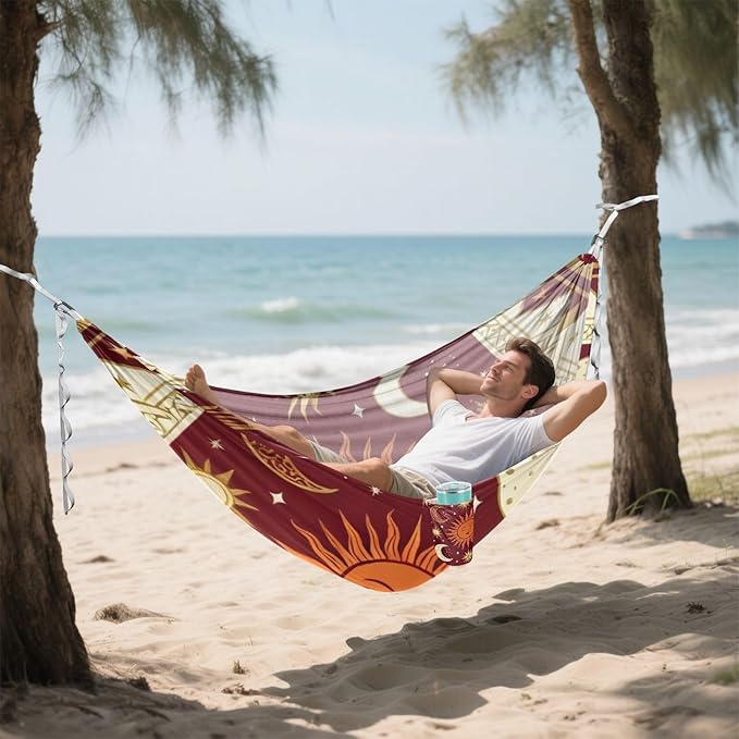 Sun Moon Stars Pattern Camping Hammocks Fabric Hammock for Outside Patio Backyard Poolside