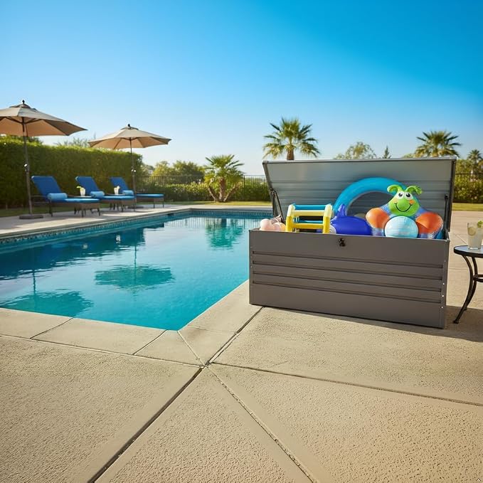 Metal Outdoor Storage Box 260 Gallon, Large Metal Deck Box, Light Gray | Waterproof Lockable for Pool Patio Summer Home