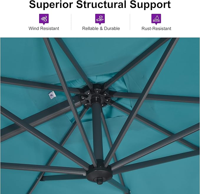 PURPLE LEAF 11 Feet Patio Umbrella with Base and Cover Round Outdoor Cantilever Umbrella Aluminum Offset Umbrella with 360-degree Rotation for Garden Deck Pool Patio Turquoise Blue