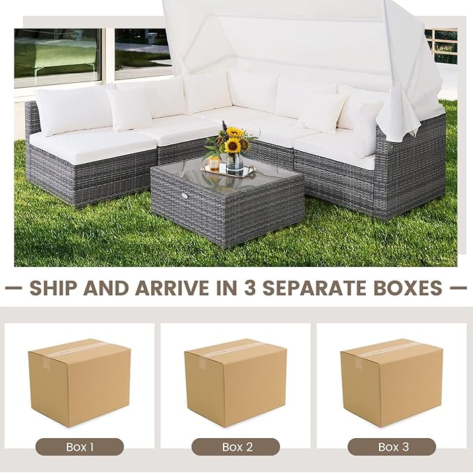 HAPPYGRILL 6-Piece Rattan Wicker Furniture Set with Canopy, Patio Conversation Set with Tempered Glass Coffee Table, Outdoor Sectional Sofa Set for Backyard Poolside