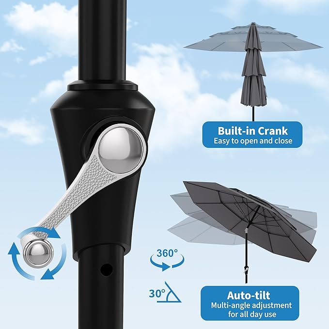GarveeTech Patio Umbrella, 3-Tier Vented Canopy with Hand Crank, Push-Button Tilt Outdoor Umbrella, Alloy Rib Frame for Pool, Backyard and Deck, 9FT Grey
