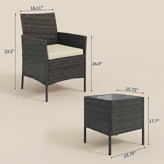 GarveeHome 3-Piece Patio Bistro Set, PE Rattan Outdoor Conversation Furniture with 2 Cushioned Chairs & Coffee Table, Weather-Resistant for Backyard, Balcony, Porch (Beige Cushion)