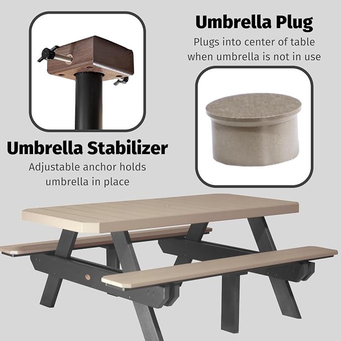 LuxCraft 6 Foot Poly Rectangular Picnic Table - Outdoor Furniture, Dining Height Table with Umbrella Hole, Seats 6 Adults, All Weather - Amish Made in USA (Antique Mahogany)