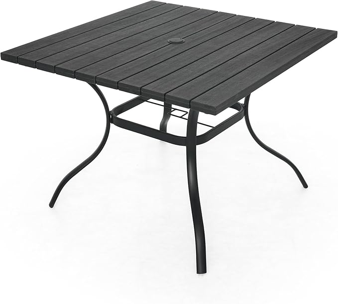 Black 37" Plastic Square Patio Dining Table 3ft for 4 Person with Metal Leg | Plastic Top, Square Table, 3ft, 4 Person Use, Metal Steel Leg, Wood-Like Grain Top, Umbrella Hole, Rust Free