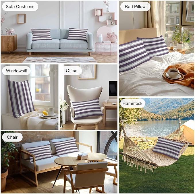 Lumbar Pillow Covers 20x12 Inch Set of 2, Purple Grey Stripe Waterproof Outdoor Pillow Covers, Minimalist Farmhouse Striped Decorative Cushion Pillowcases for Couch, Sofa, Bed, Garden, Patio