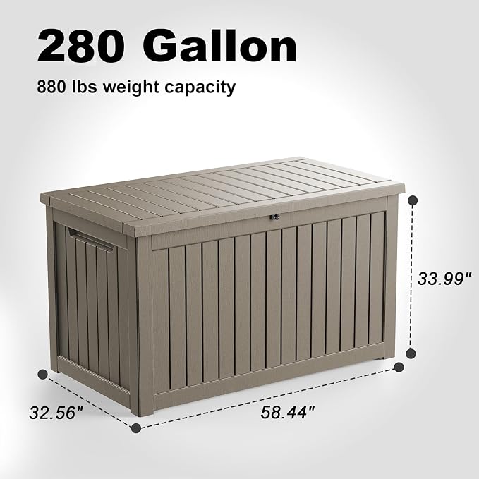 ROJIK Outdoor Storage Housing Deck Box-Waterproof Patio Furniture,Garden Tools,Cushions,Pool Accessories Storage Waterproof Resin Box with Capacity (280 Gal & Grey)