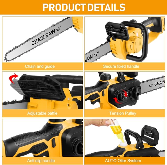 Mini Chainsaw Cordless Compatible for Dewalt 20V Battery (Without Battery) 12 Inch Handheld Brushless Electric Chainsaw with Auto Oiler & Security Lock, for Wood, Trees Cutting (Tool Only)