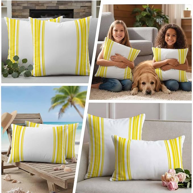 Outdoor Waterproof Throw Pillow Covers Set of 2 Yellow Stripes Lumbar Pillowcases 20x12 Inches White Vertical Striped Decorative Pillows Cushion Case Patio Pillows for Couch Bed Chair Garden