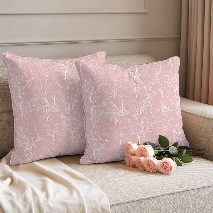 Pink Branches Waterproof Outdoor Pillow Covers Set of 2 Home Decor, Abstract Art Leaves Plant Pillowcase Patio Pillow Covers for Couch Bench Patio Furniture Garden 26x26in
