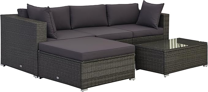 Outsunny 5-Piece Patio Furniture Set with Cushions, Outdoor PE Rattan Wicker Sofa Set, Sectional Furniture with Pillows, Glass Coffee Table for Garden, Backyard, Mixed Gray/Gray