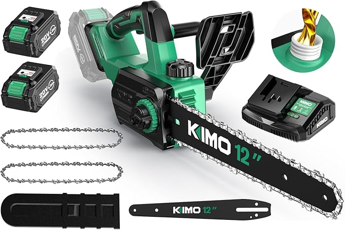 KIMO Mini Electric Chainsaw Cordless w/2 x 4.0Ah Battery & Fast Charger, 34 FT/S Powerful Cutting, Auto Oiler, Security Lock, Battery Operated Chainsaw for Wood Cutting Tree Trimming