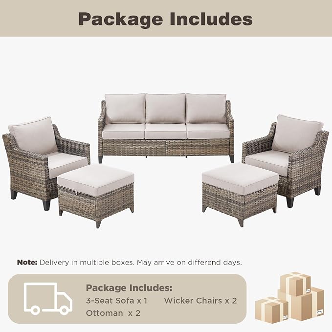 Belord Patio Chairs Set of 2 with 3-Seater Sofa, Outdoor Rattan Chairs for Deck Porch Garden, 5 Piece Patio Conversation Furniture Set,Beige