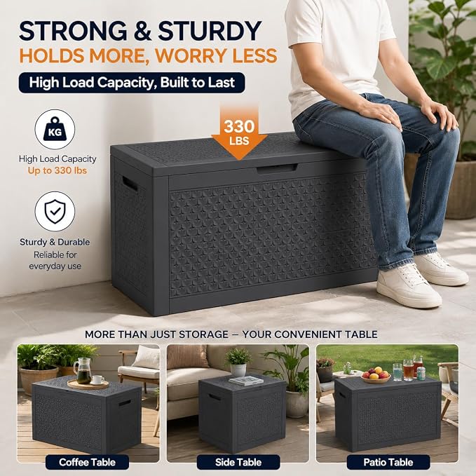 102 Gallon Outdoor Storage Box, Resin Deck Box Waterproof & Lockable, Patio Cushion Storage Bench for Garden, Pool, Furniture & Tools, UV Resistant Heavy Duty, Black