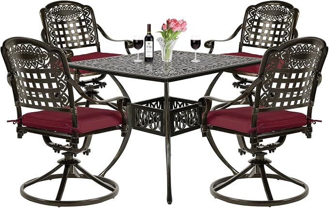 VIVIJASON 5-Piece Outdoor Patio Dining Set, All-Weather Cast Aluminum Conversation Set for Balcony, Patio Furniture Set Include 4 Swivel Cushioned Chairs, 1 Square Table w/Umbrella Hole, Red Cushion