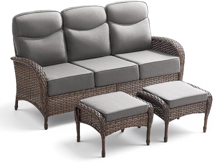 3 Pieces Luxury Patio Furniture Sofa Set with 6-Inch Thick Cushions, Outdoor Wicker Patio Furniture Covered Couch with Multifunctional Ottoman, Patio Conversation Set for Porch Garden, Grey