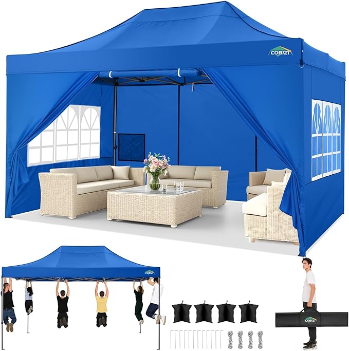COBIZI 10x15 Pop up Canopy Tent Heavy Duty Without Sidewalls, Easy Set-up Commercial Outdoor Party Tent, 100% Waterproof Wedding Tent Gazebo, 3 Height Adjustable with Wheeled Bag, Blue